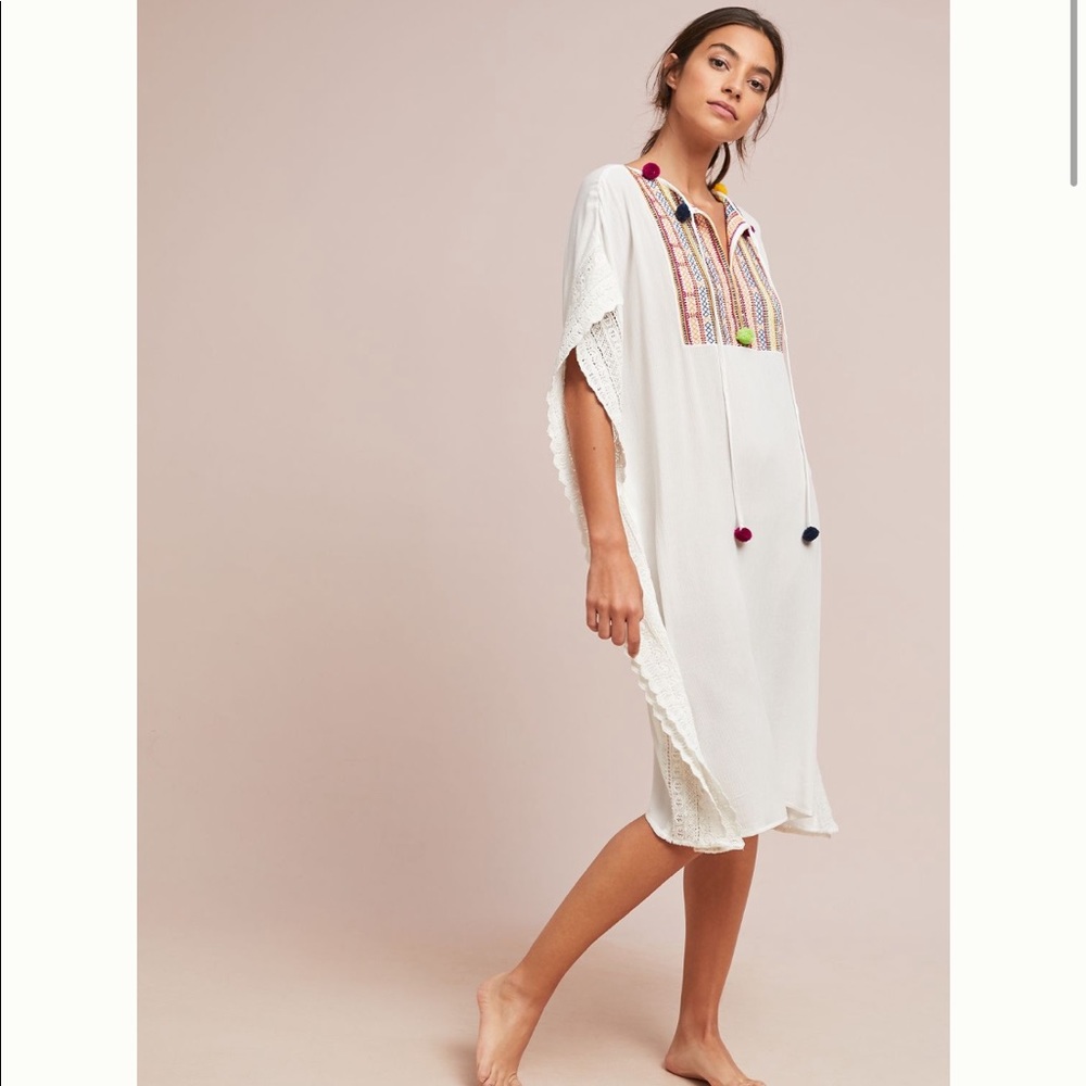 Anthropologie White Embroidered Pom-Pom Swim Coverup